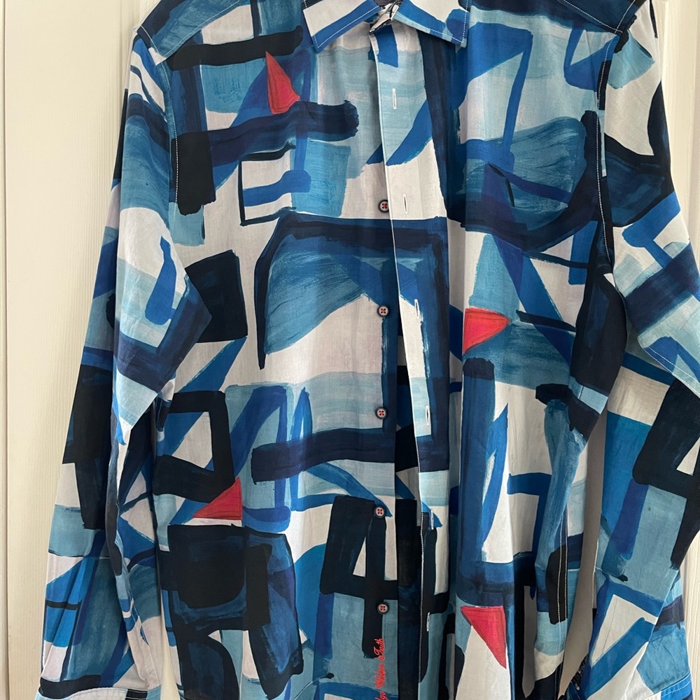 Robert Graham Blue and Red Casual Button Down Shirt with Artistic Design
